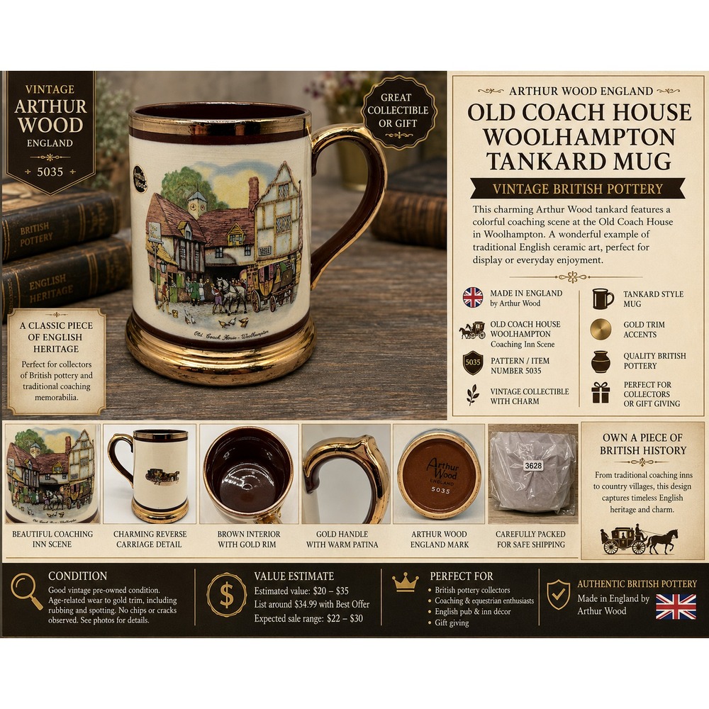 Vintage Arthur Wood England Old Coach House Woolhampton Tankard Mug Gold Trim